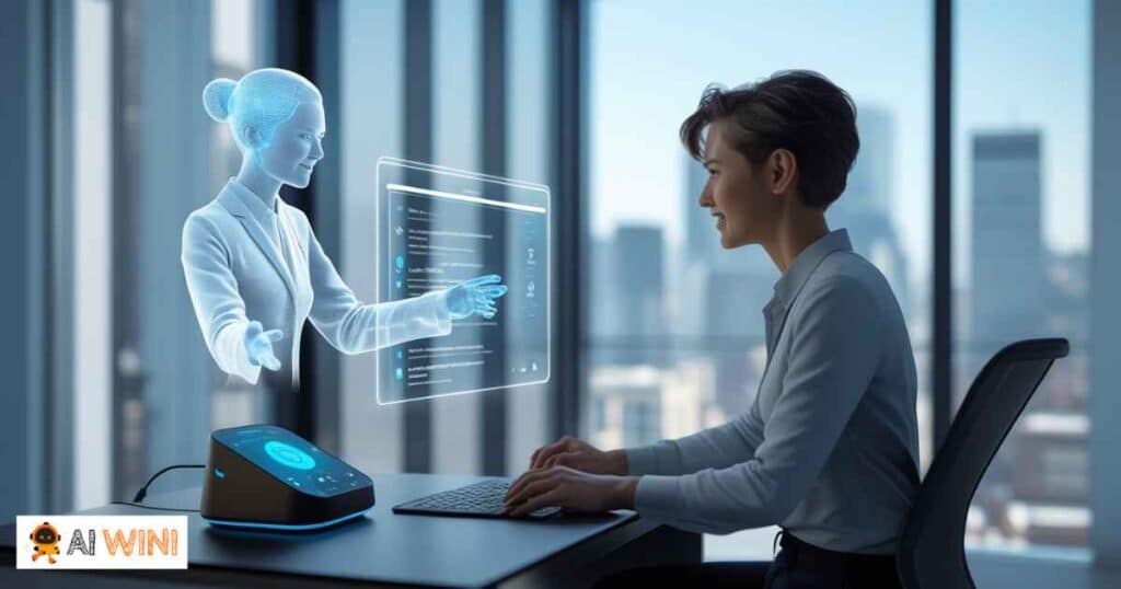 AI assistant, human-AI interaction, futuristic office, technology, innovation
