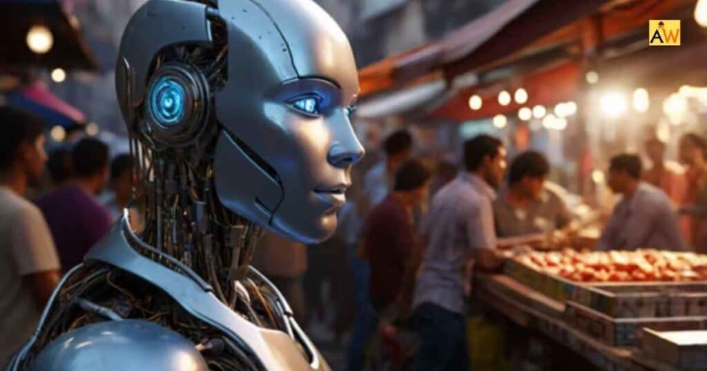 Robot with machine consciousness in a market