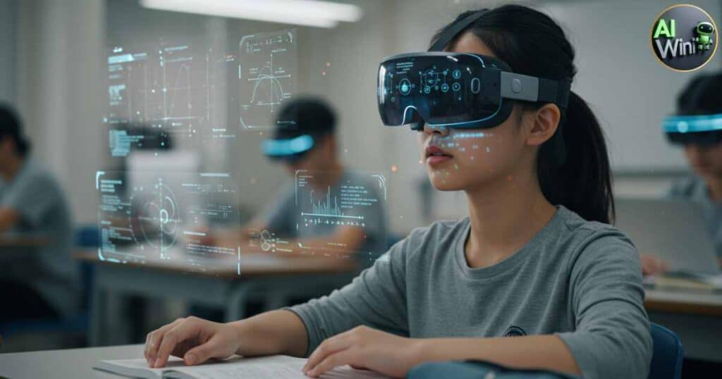 A student leverages AI‑powered AR glasses to view floating notes and diagrams during class.