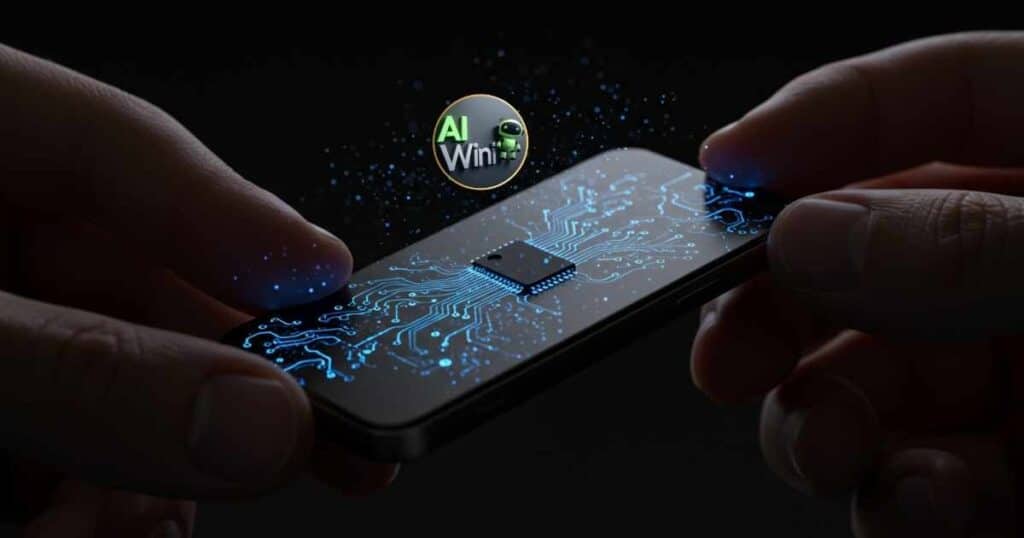 Concept art of OpenAI’s screen‑free, voice‑only AI device glowing with projected circuits