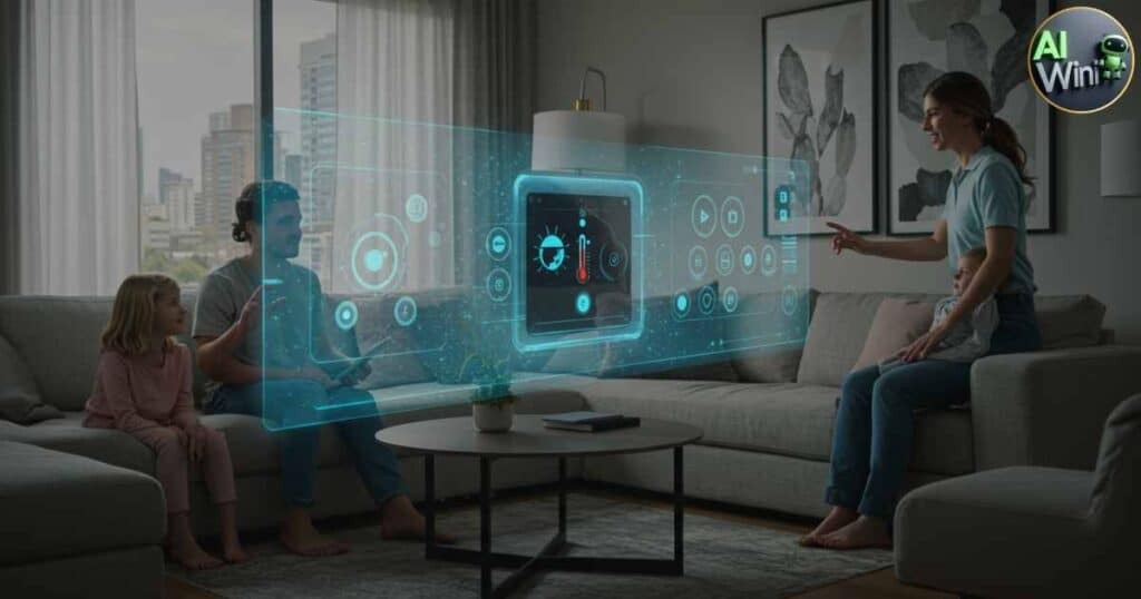 Family interacts with a projection‑only AI hub to manage home lighting, climate, and security.