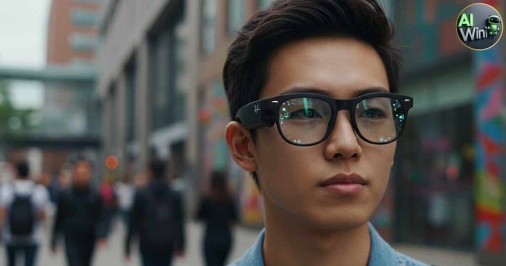 Model wearing Meta wearable AI smart glasses with AR interface