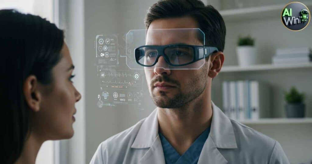 A physician uses AI‑powered glasses to access patient data and vitals in real time
