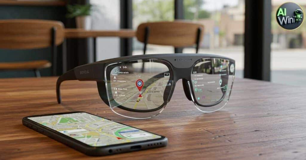 Transparent AR glasses displaying navigation, highlighting Google’s smart assistant in action