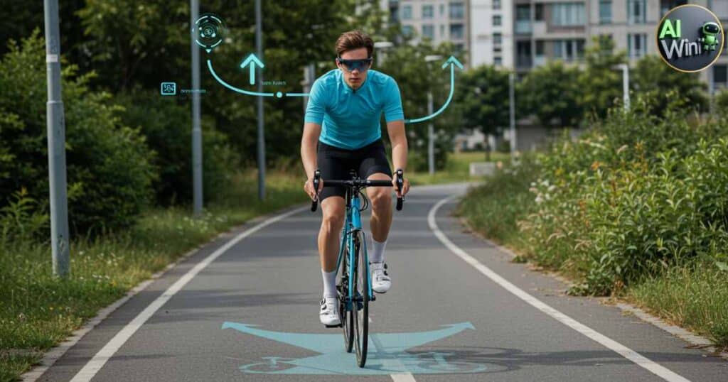 Cyclist uses AI AR glasses to see turn‑by‑turn navigation projected onto the street.