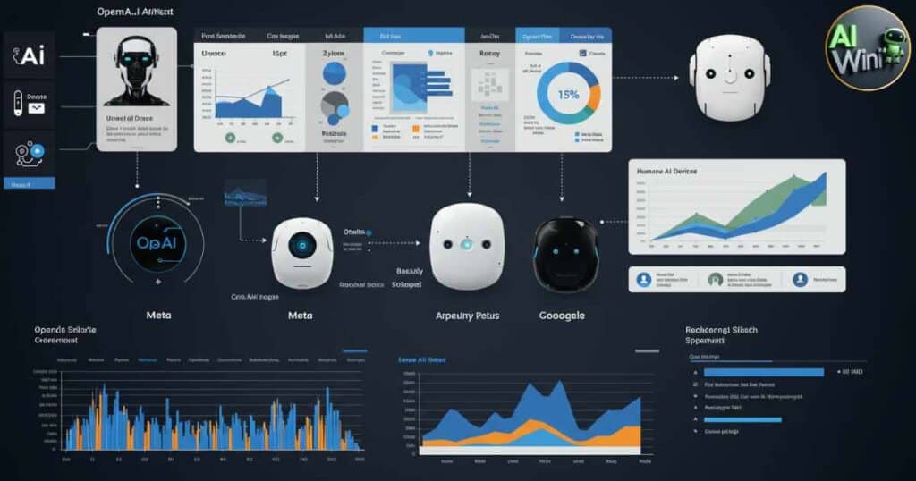 Visual comparison of major AI device concepts from OpenAI, Meta, Google, and Humane.