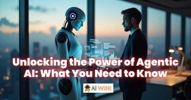 Ultra-realistic image of a humanoid AI assistant and a human in a high-tech office, symbolizing agentic AI.