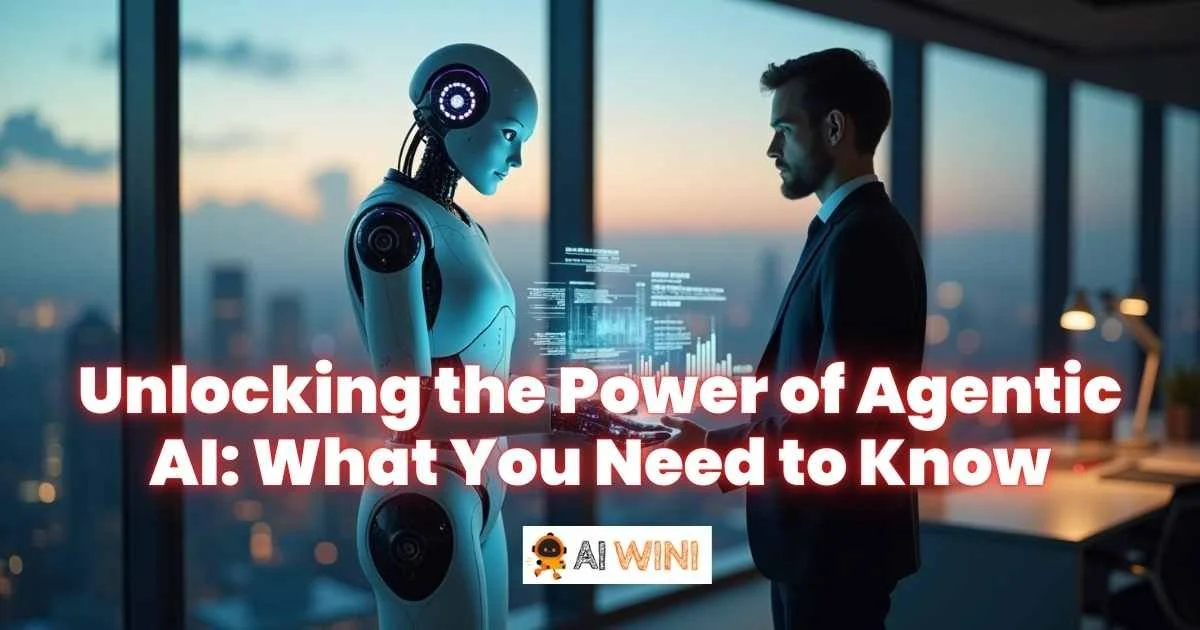 Ultra-realistic image of a humanoid AI assistant and a human in a high-tech office, symbolizing agentic AI.